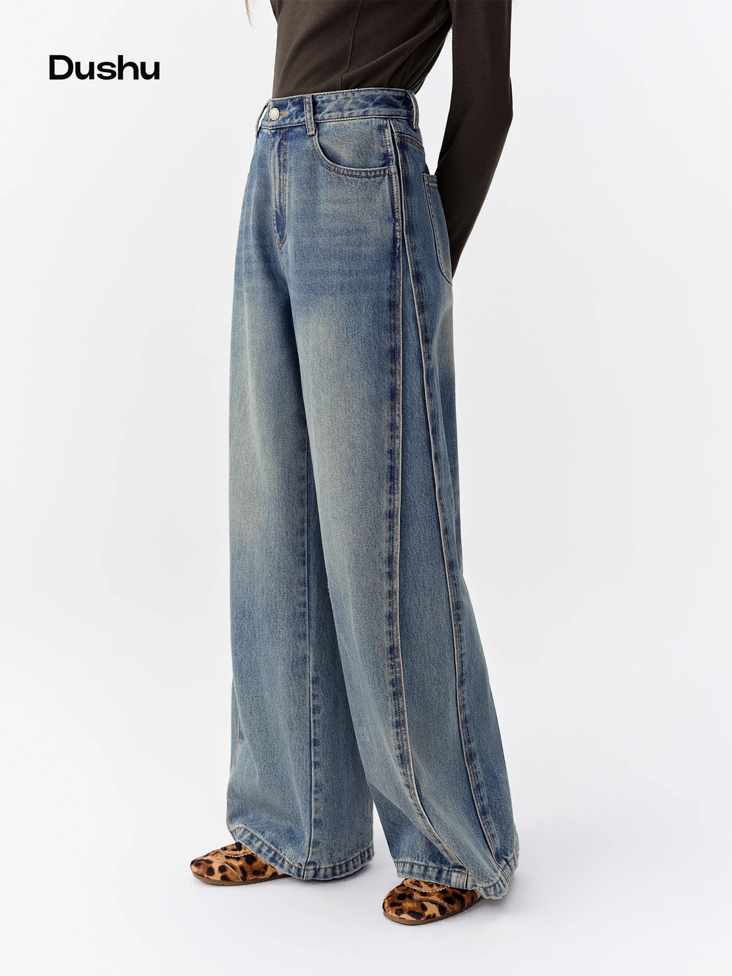 DUSHU 2026 Winter Woman Vintage Washed Non-Stretch Wide Leg Jeans Women Plus Size High Waist Baggy Retro Denim New Arrival Pants