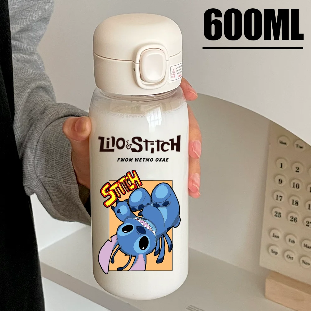 600ML Lilo Stitch Water Cup Stitch Angel Large Capacity Portable Transparent PcLeak Resistant Plastic Drinking Water Bottle