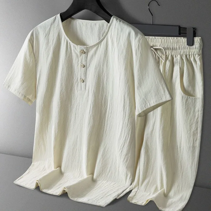 

Summer Fashion Henley Neck Men Shirt Casual Solid Lightweight Short Sleeve Shorts Set Beach Homewear Comfortable Two-Piece Sets