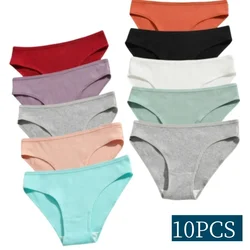 10 unids/set de bragas de algodón para mujer, bragas sin costuras de cintura baja, ropa interior deportiva, Bikini transpirable, calzoncillos de colores sólidos