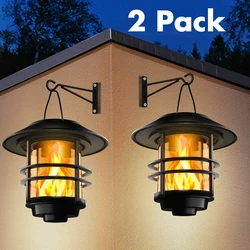 2Pack Solar Wall Lantern Outdoor Flickering Flames Solar Sconce Lights Outdoor Hanging Solar Lamps Wall Mount for Front Porch