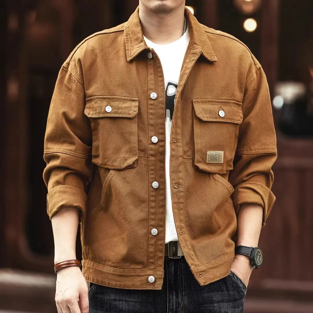 Wear-Resistant Casual Men's Denim Jacket Spring Autumn American Style Loose Workwear Coat Multi-Pocket Cotton Long Sleeve