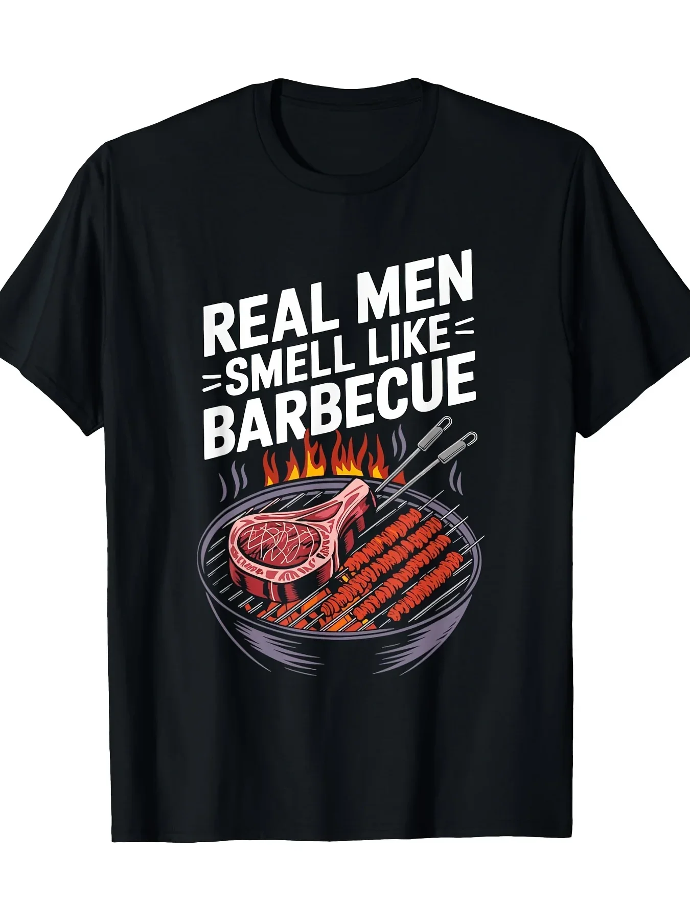 New 1pc Funny BBQ Grill T-Shirt Suitable for Men - Funny Smoky Meat, Casual Round Neck Tee for Barbecue Parties & Outdoor, Humor