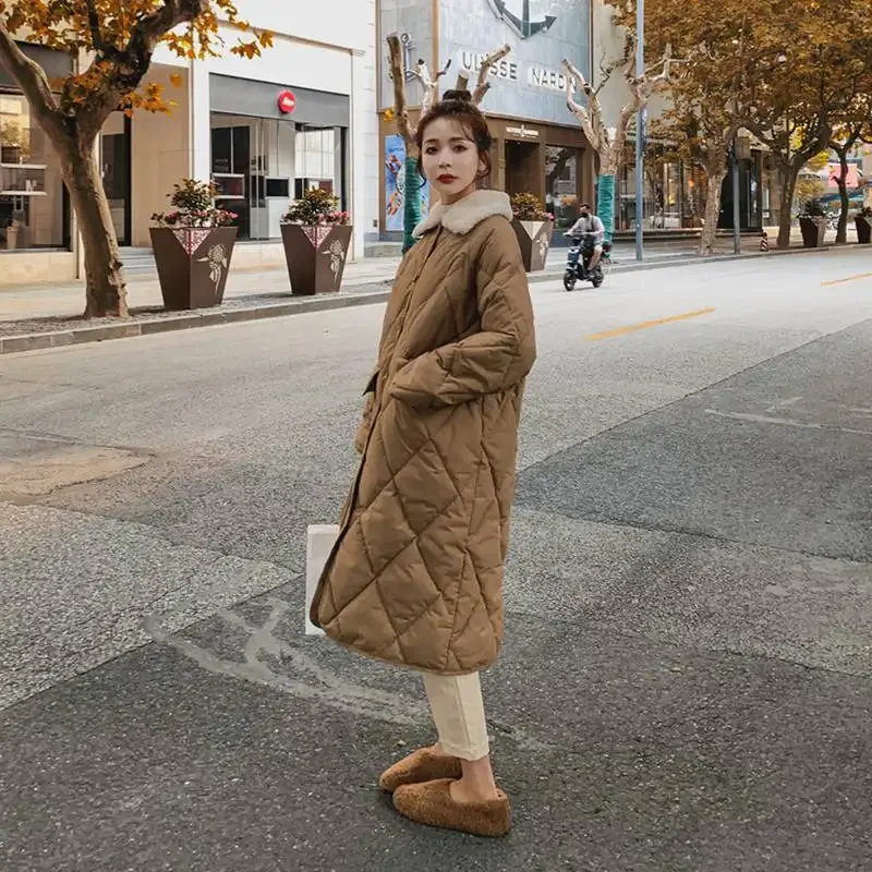 2024 New Style Retro Hong Kong Wind Diamond-Quilted Down Cotton Parka for Women, Knee-Length and Loose Thickened Coat