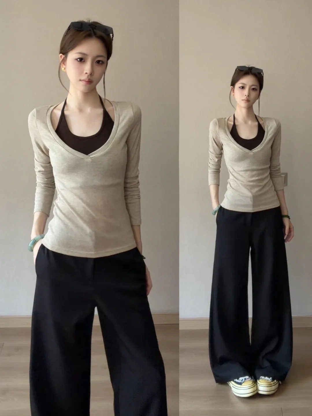 Korean Style Long Sleeve V-Neck T-Shirt Women's Autumn Wearable Two-Piece Set with Halter Neck Vest Casual Top Combo