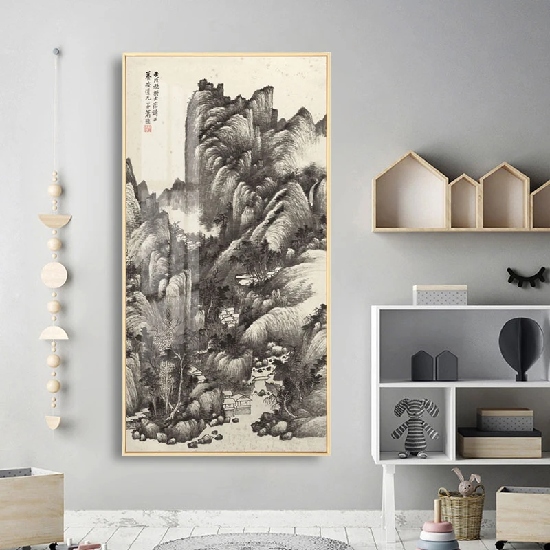 Chinese Style Canvas Painting Landscape Painting Chinese Characters Mountain Peak Pine Tree White Crane Posters for Home Decor