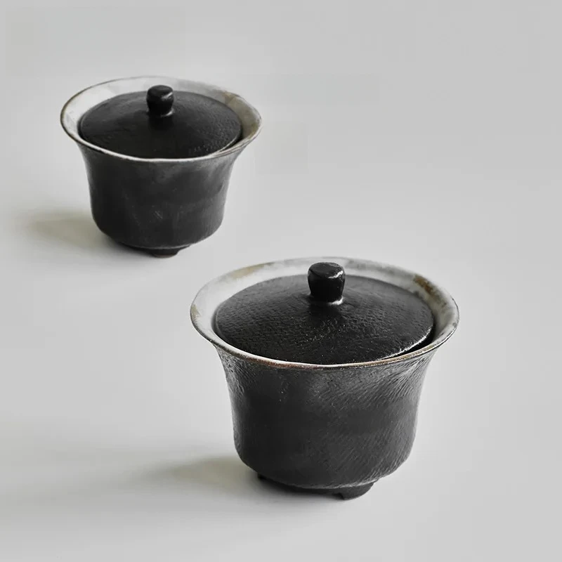 130ml Black Lacquer Coarse Pottery Gaiwan Handmade Three Legged  Tureen  Making Cover Bowl for Kung Fu Collection Gift