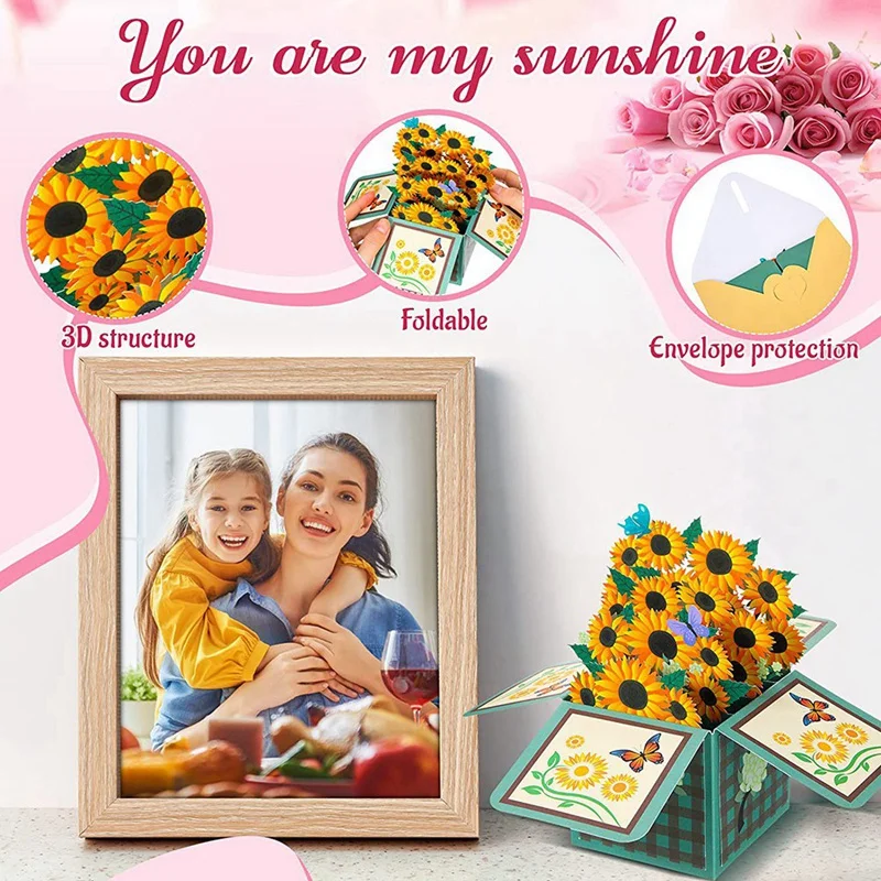 Carte de tournesol fleurie pour la fête des mères, enveloppe de bouquet 3D, cadeaux de colonne vertébrale, 2 pièces