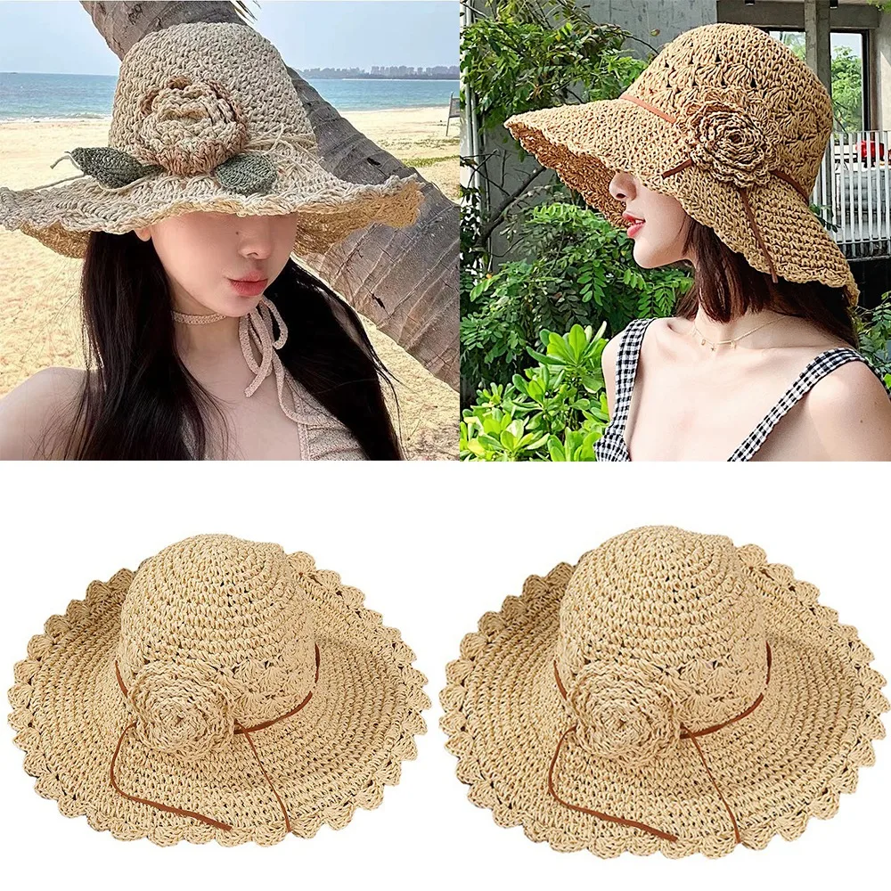 Elegant Straw Hats New Ruffle Detail UV Protection Sun Visor Hat Hand-Woven Foldable Beach Hat Womens