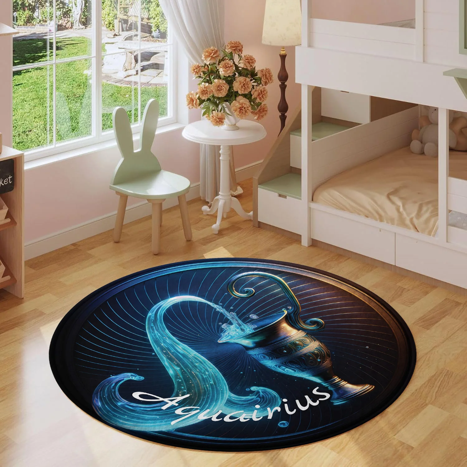 Aquarius Constellation Zodiac Sign Water Urn Jug Splash Blue Pattern Holiday Luxury Round Mat Elegant Area Rug Home Decor
