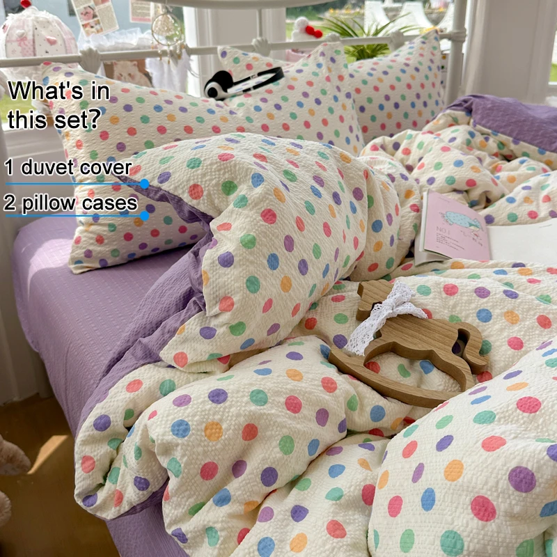 Colorful Rainbow Polka Dot Microfiber 3 Piece Duvet Cover Set, Bubble Crinkle Soft Breathable Cute Quilt Cover 2 Pillow Cases