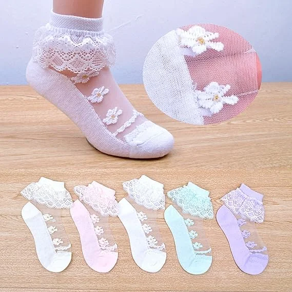 1/5Pairs Girls Sheer Ruffle Socks Summer Toddler Girls Lace Frilly Socks Cotton Kids Mesh Sock Baby White Ankle Dress Socks