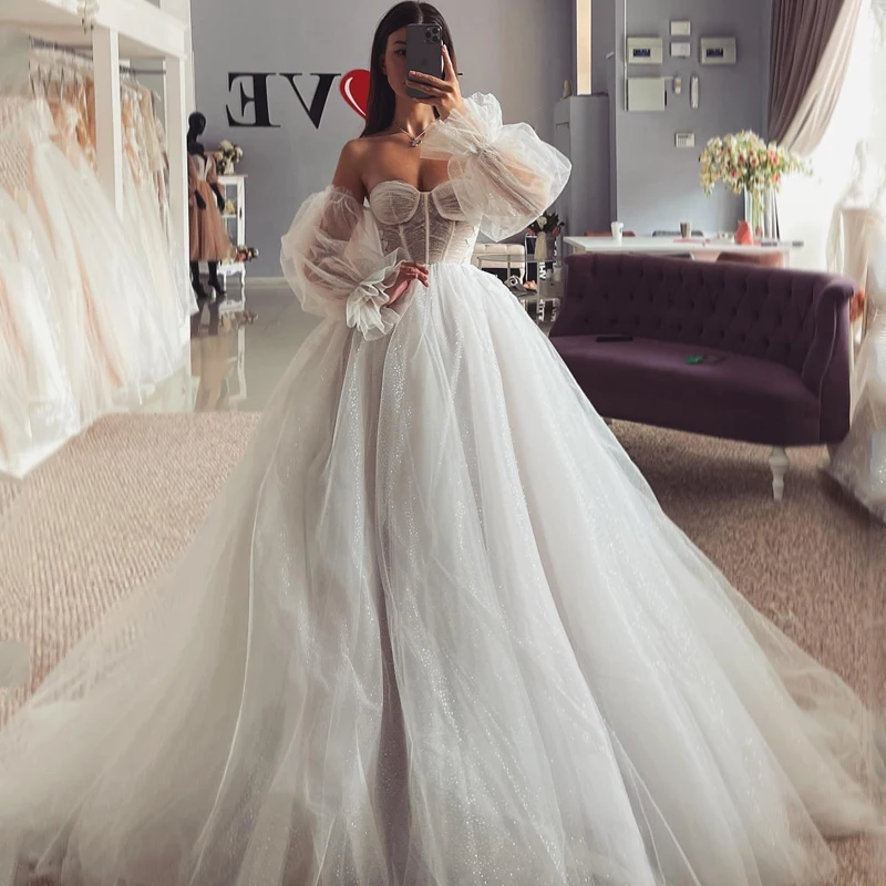 

Eightre Boho Beach Wedding Dresses Sweetheart Puff Sleeve A-Line Bride Dress Applique Tulle Wedding Evening Prom Gowns Plus Size