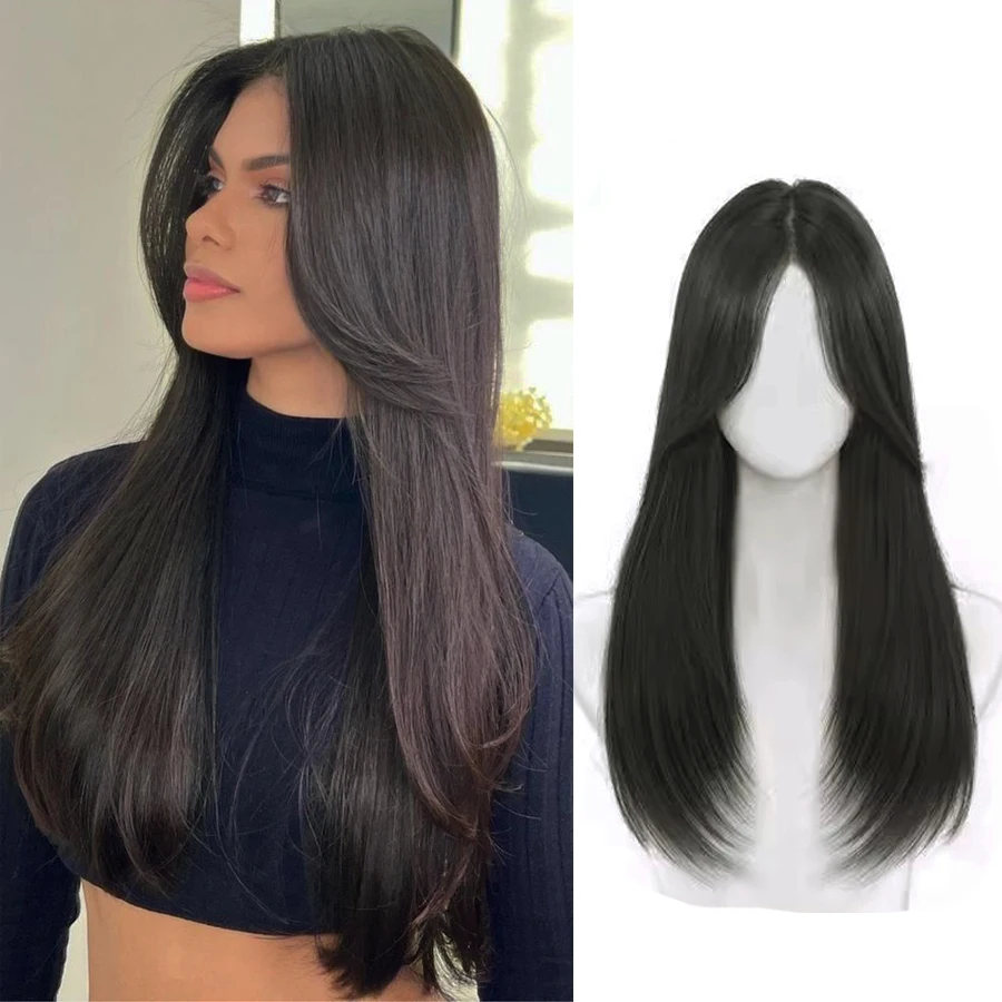 

synthetic Long Straight Fiber heat Resistant T-Shape Large Area Hand-Woven Hairpiece Natural Seamless Invisible Simula