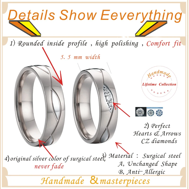 High Quality Waterproof Non Tarnish Ladies Boys Lover's Wedding Rings For Couples Fashion  Stainless Steel Jewelry Ring