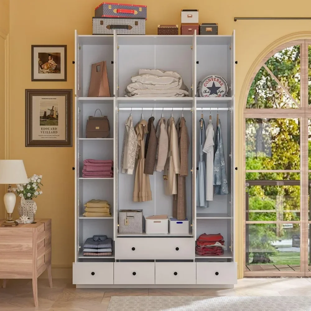 

4 Shutter Door Wardrobe Armoire Closet with Shelves and Drawers, Armoire Wardrobe Closet with 2 Hanging Rods, Cube Storage,White