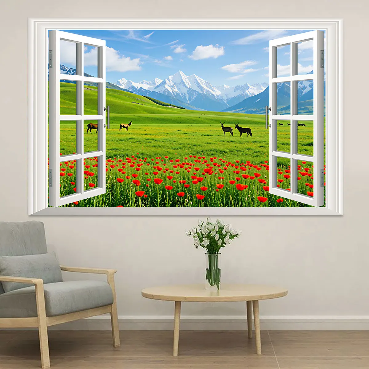 1pc outdoor scenery wall sticker grassl snow-capped mountains sea flowers multiple sizesdecorate living rooms bedroom walls