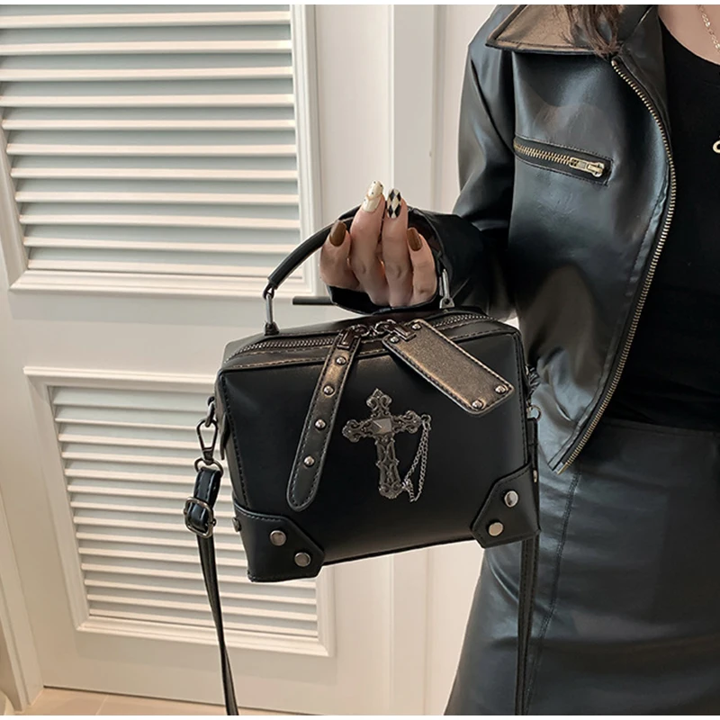 Fashion New Punk Style Small Square Bag For Women Skull Cross Design Motorcycle Women's Crossbody Bag Ladies Leather Handbag