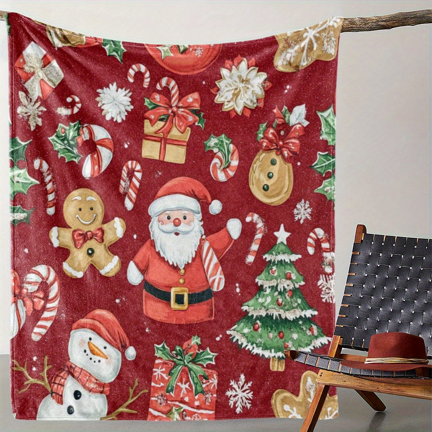 

"Christmas Santa Claus and Gingerbread Man Print Blanket, Festive Cozy Throw for Winter Decor, Perfect Gift for Holiday Season"