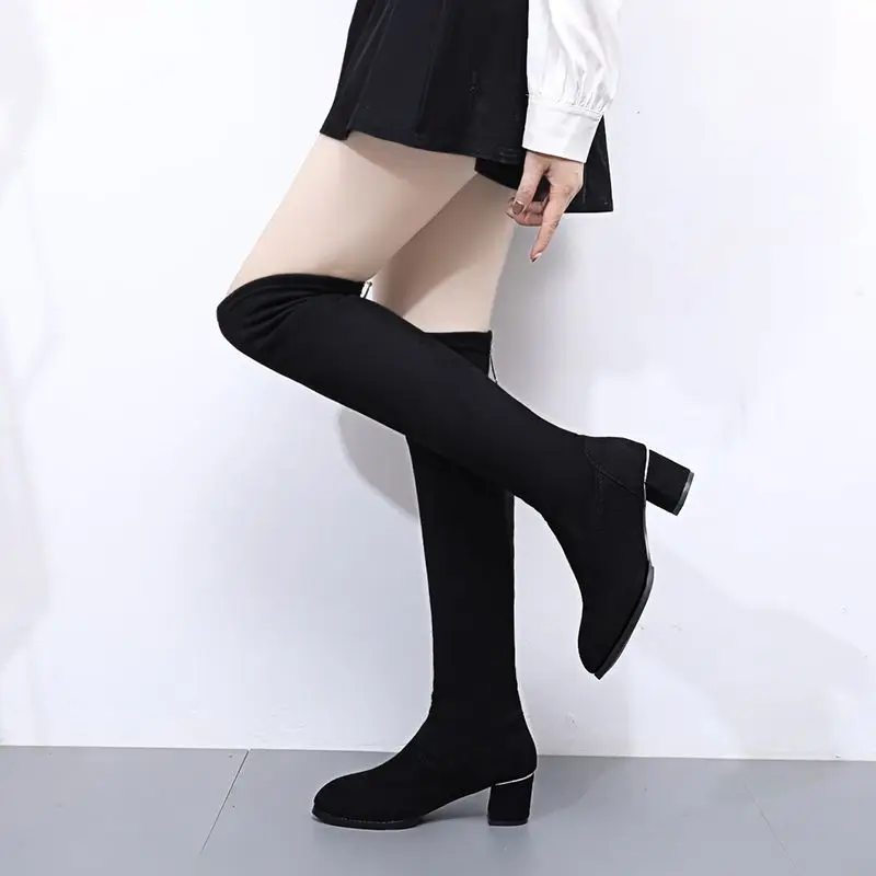 Footwear Above Over The Knee Ladies Boots Elastic Black Shoes for Women Rhinestone Thigh High Gothic Designer Luxury Pu 2024 New