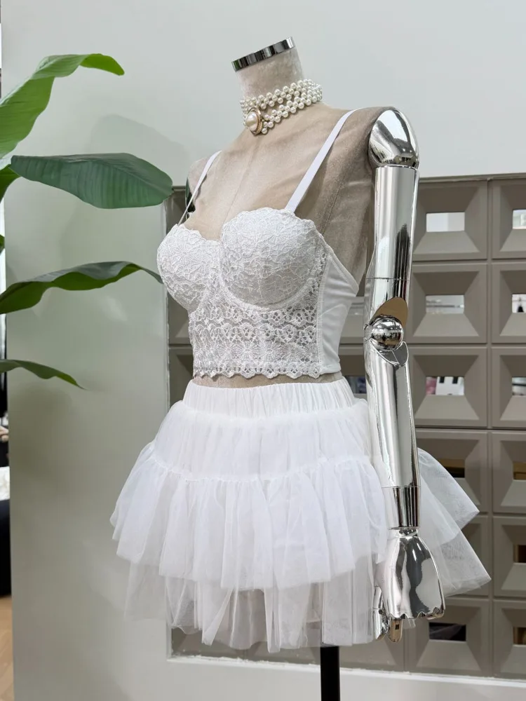 DFDG Dames Lente Zomer Beige Kant Cami Tule Rok Set Gelaagde Zoom Vrijetijdskleding 2025, Trendy Vrouwelijke Mode Outfit Set