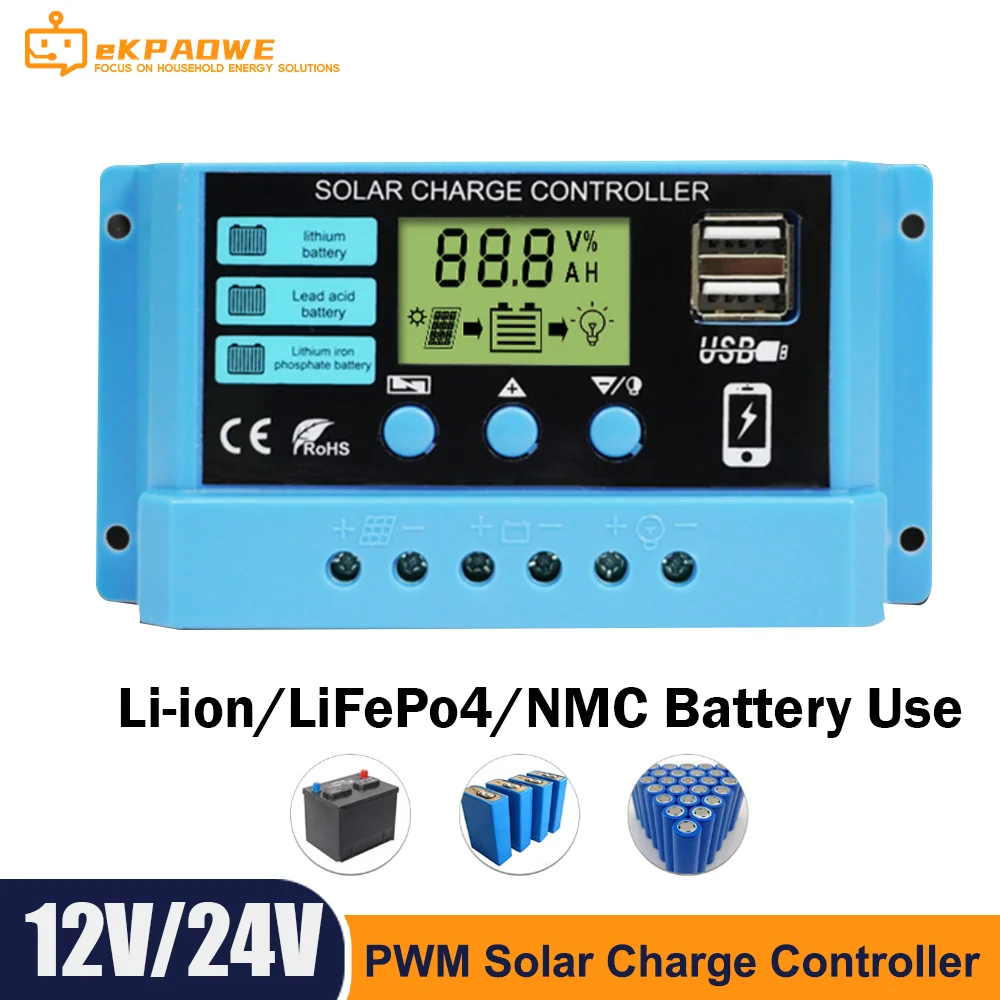 

New Arrival Solar Charge Controller Li ion Lifepo4 10A 20A 30A PWM 12V 24V Solar Panel Charger Regulator for Lithium Batteries