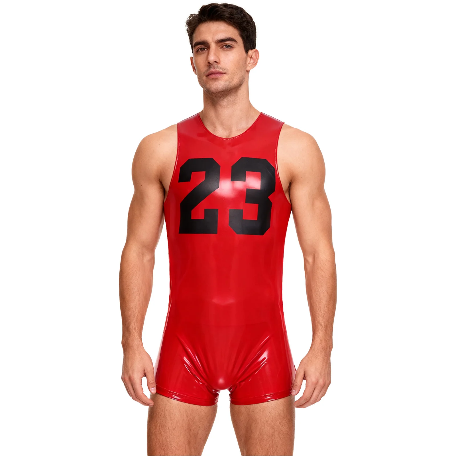 

Men PU Leather Fashion Bodysuit Stylish Front No 23 Print Sleeveless Jumpsuit for Basketball Player Gym Sport Swimming Outfits