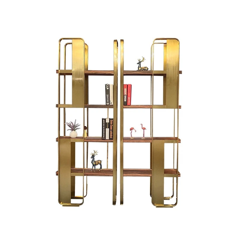 

Light luxury Italian stainless steel bookshelf, simple modern floor-to-ceiling solid wood multi-layer decorative shelf