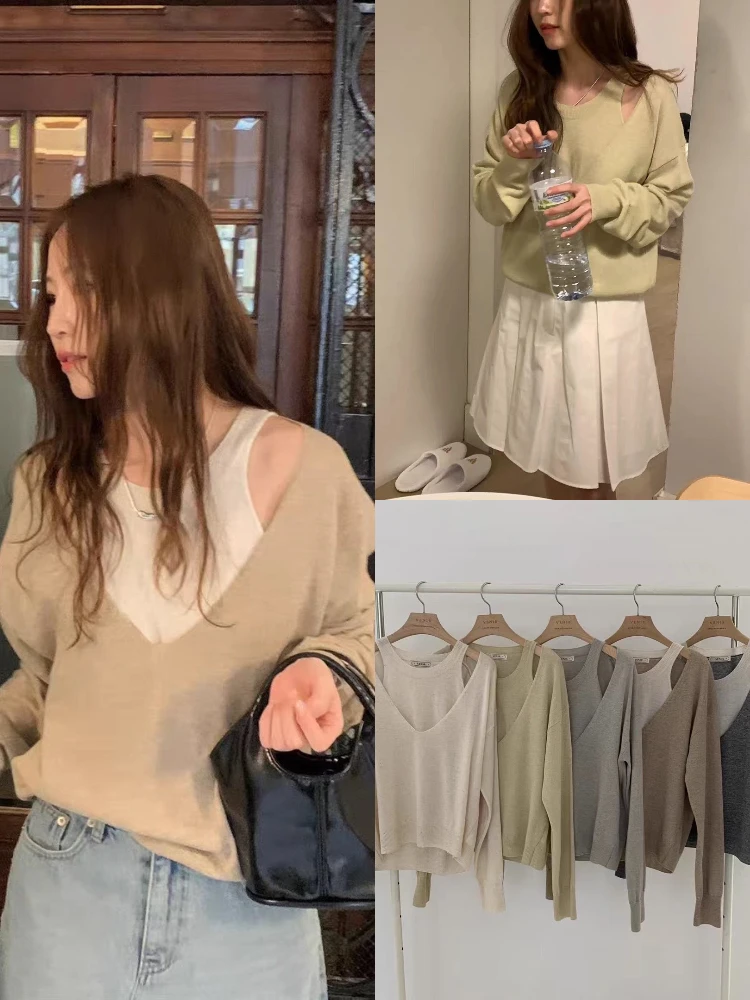 

Casual Sle V-Ne oulder-Bared Knitted Sweater Loose Fit False Two-Piece Soft Comfortable Women's Long Sve Top