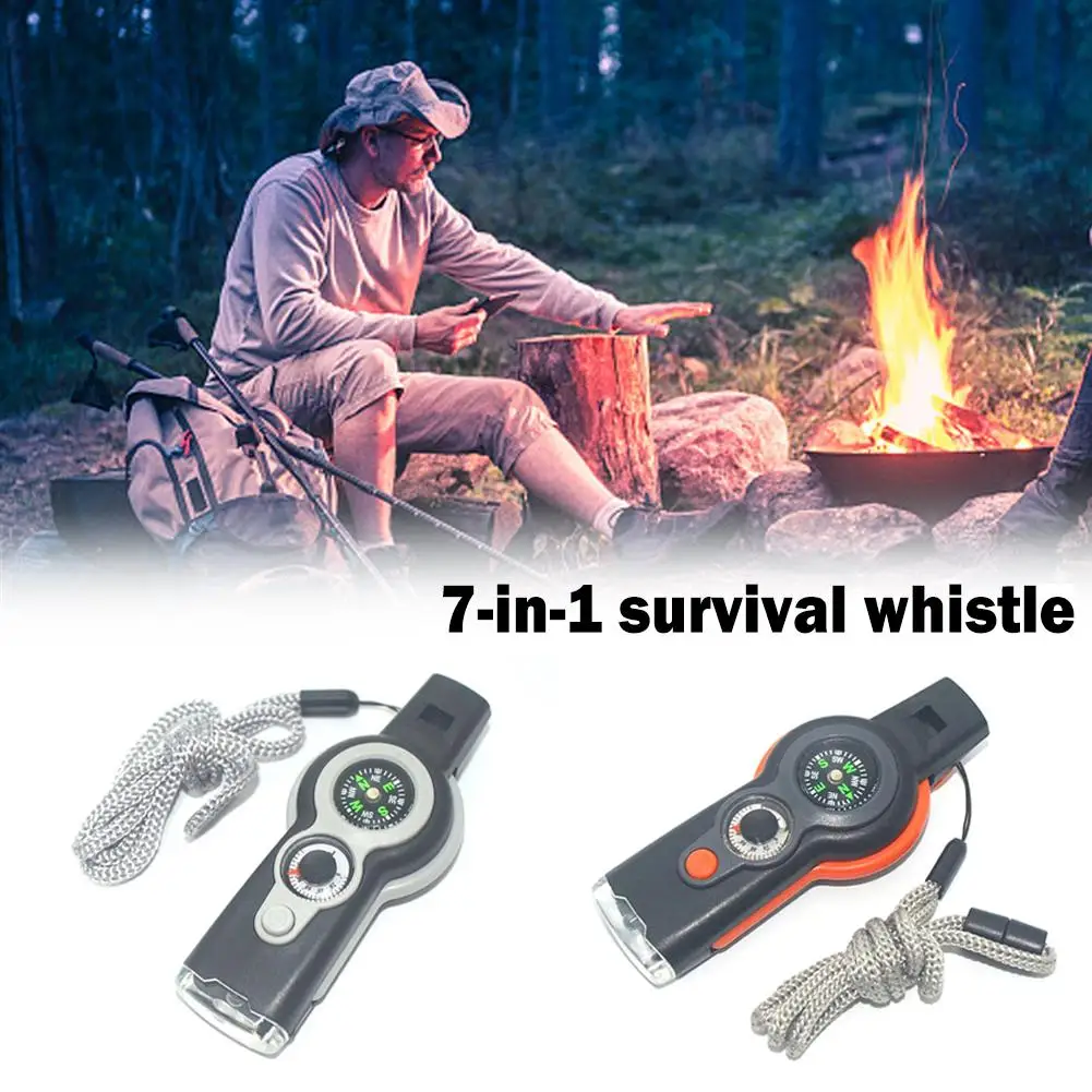 7 In 1 Multi-function Outdoor Whistle Army Green High Signal Decibel Thermometer Life-saving Compass Flashlig Led White Mir J8j3