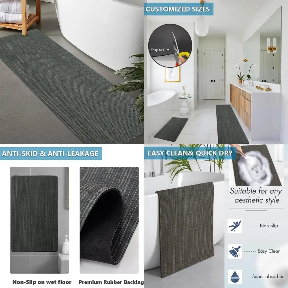 

custom-sized rubber non-slip absorbent thin bath rugs, quick dry, washable, fits under door