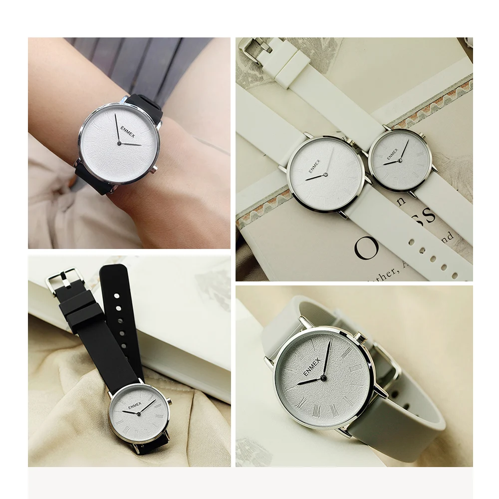 Ladies Couple Gift Thin Case Watch Enmex Simple Design Silicon Strap Brief Face Silver Plating Quartz Fashion Men Wristwatch