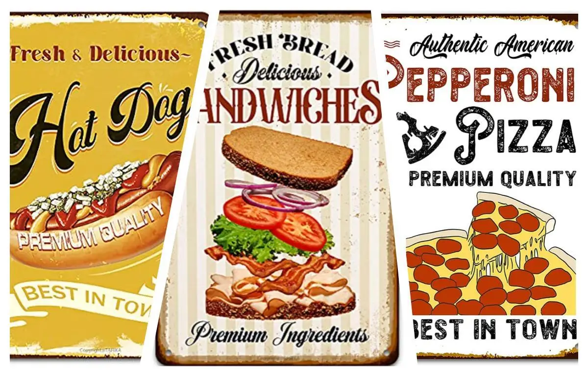 Hot Dogs、Hamburg、 Pizza Signs, Fast Food Metal Retro Vintage Poster Wall Decor for Truck Restaurant Kitchen Pub Shop Decorations