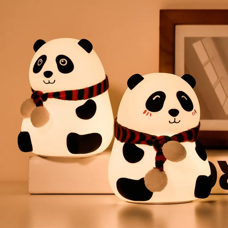 Cute Cartoon Pandas with Big Eyes LED Night Light 7 Color Changing Silicone Tap Light for Bedroom Home Decor Gift Idea for Kids