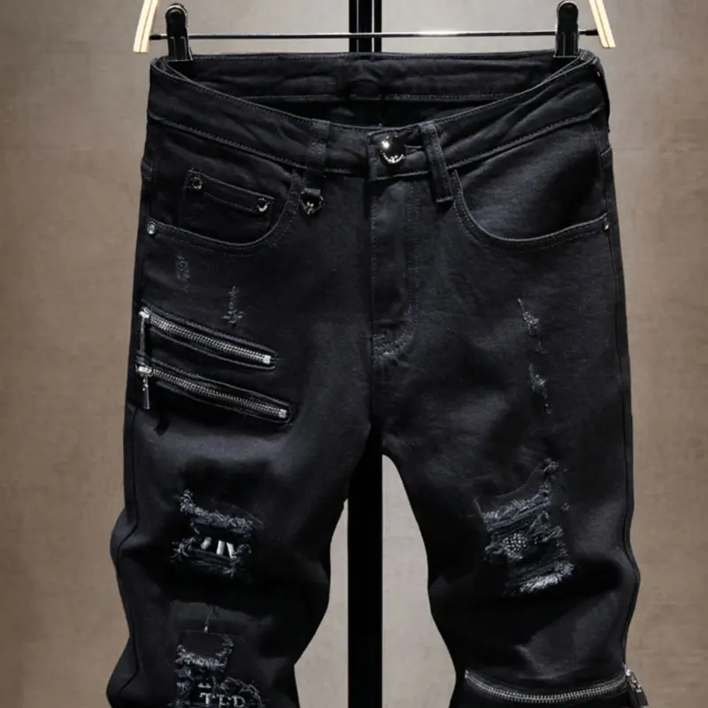

Street Designer Fashion Men Jeans Black Stretch Slim Fit Patched Ripped Jeans Men Zipper Patched Y2K Hip Hop Denim Biker Pants