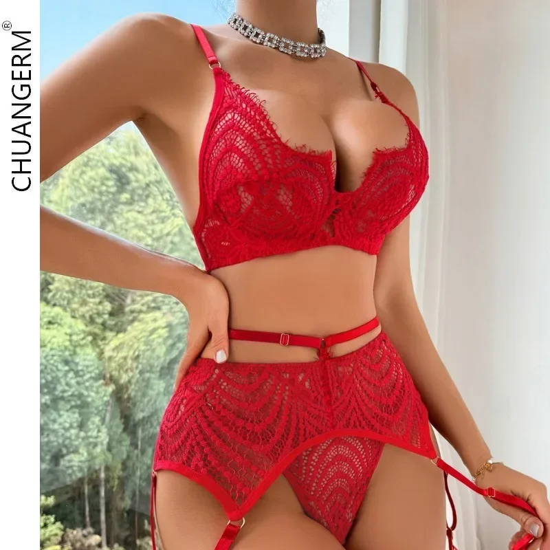 

CHUANGERM Sexy Hollow Out Lace Erotic Lingerie See-Through Mesh Patchwork Women Underwear Gathered Three-Piece Set Onlyfans Kit