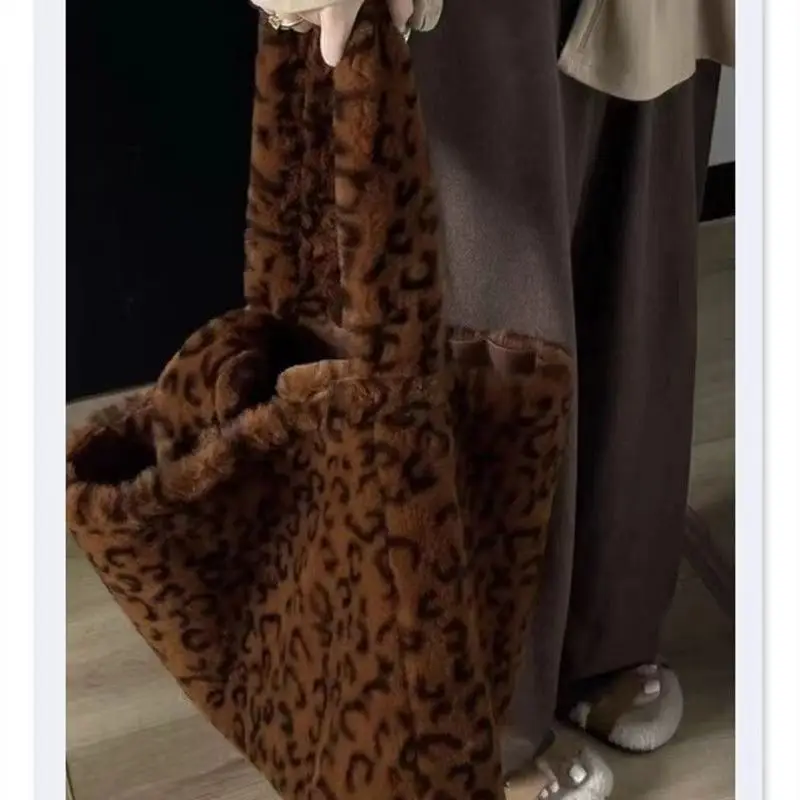 

Vintage Leopard Tote Women Shoulder Bag Fluffy Faux Fur Bags for Women Animal Printed Designer Handbags Shopper Purses Female