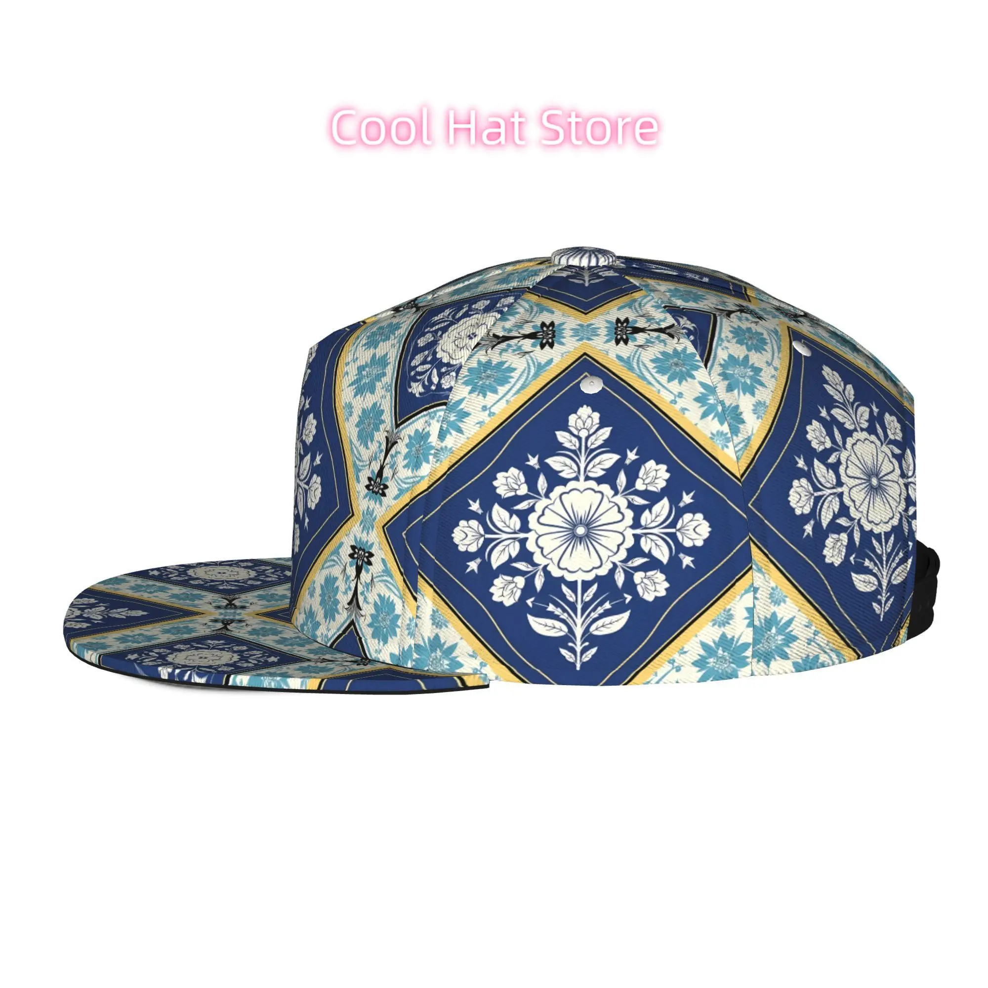 Men's and Women's Baseball Cap, Floral Tile Pattern Adjustable Snap-on Brim, Flat-top Design - Suitable for Casual Outdoor Activ