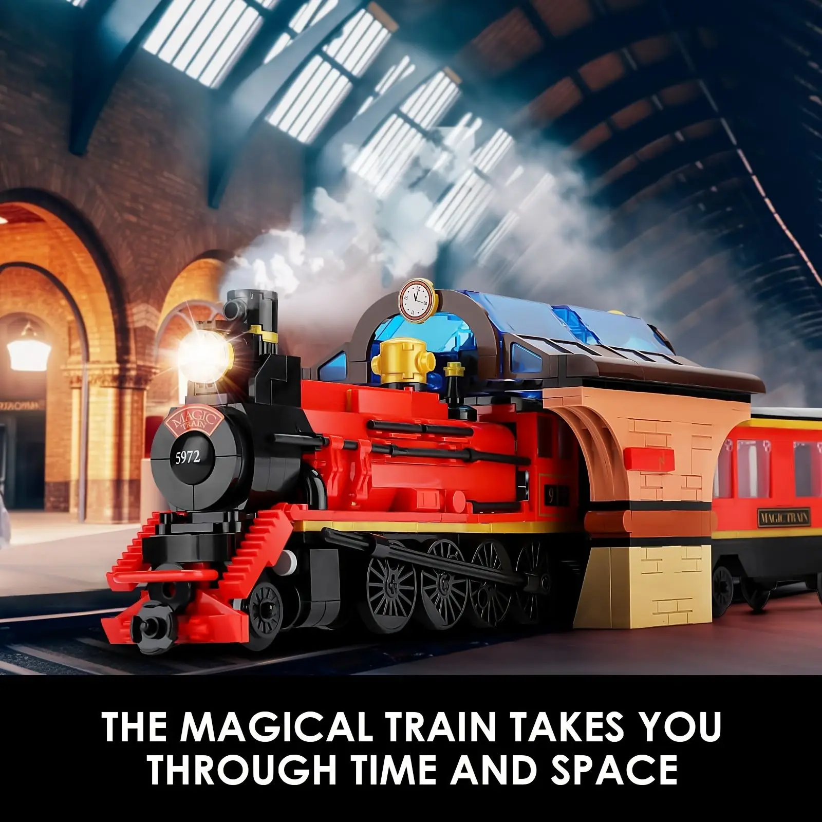 1068PCS Classic Steam Train Model Building Blocks Magical Train Station Bricks Creative Bookshelf Display Holiday Gift Kids Toys