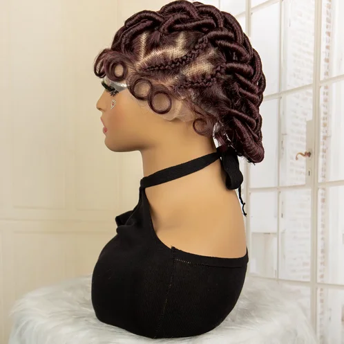 99J Burgundy Handmade Afro Synthetic Bantu Knotless Braiding Wig Full Lace Lightweight Braided Wigs for African Black Women