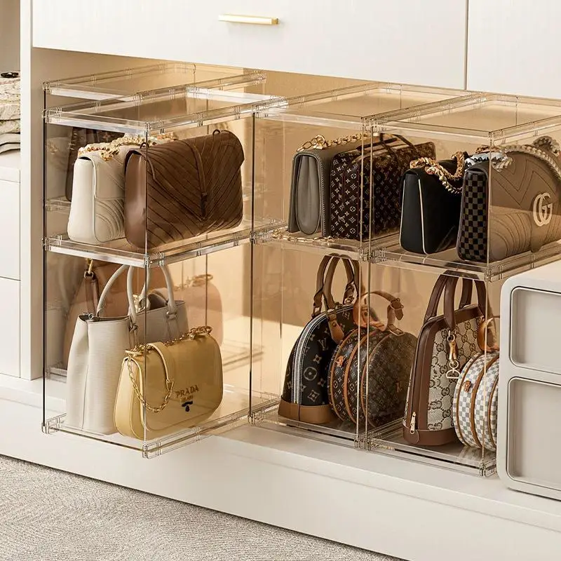 Multi-Layer Transparent Storage Box for Handbag Dustproof Home Closet Organizer Display Stand Stackable Plastic Storage Bin