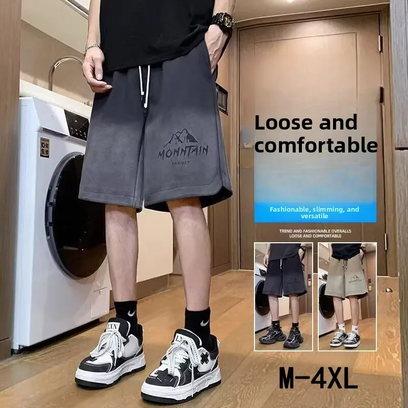 

American High Street Loose Fit Straight Leg Men's Casual orts adient Trendy Loose Versatile Five-Quarter Pants