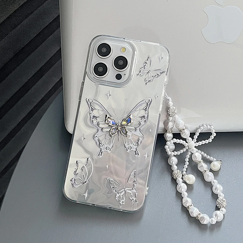 Luxury Butterfly Laser Glitter Chain Phone Case For iPhone 15 Pro Max 16 14 13 12 11 X XS 7 8 Plus Fashion Soft Shockproof Cover