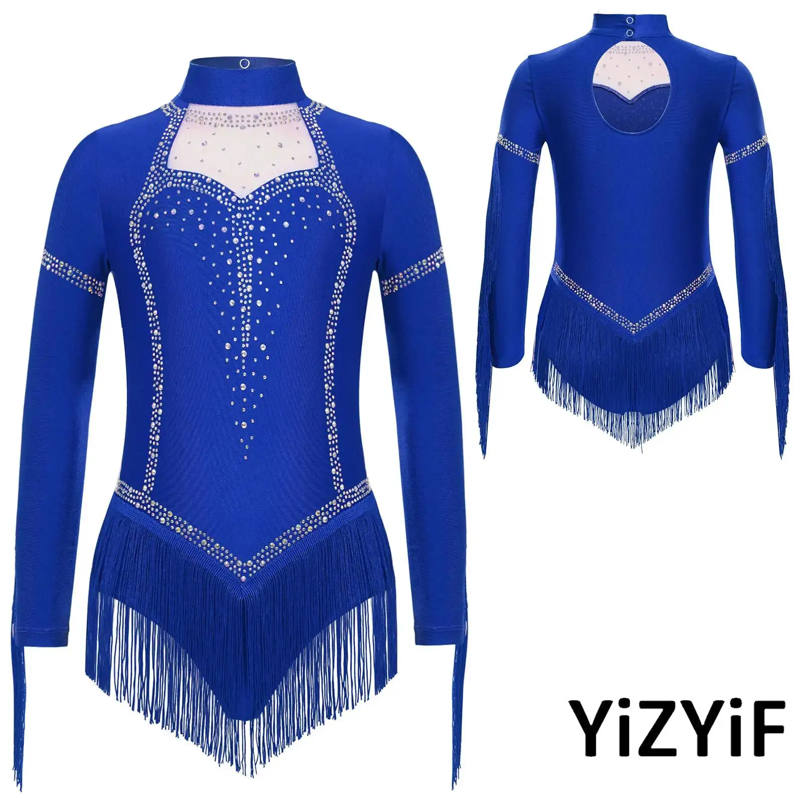 

Sparkling Tango Latin Dance Leotard for Girls with Fringe Tassels And Keyhole Back Bodysuit Perfect for Latin Ballet Dance Show