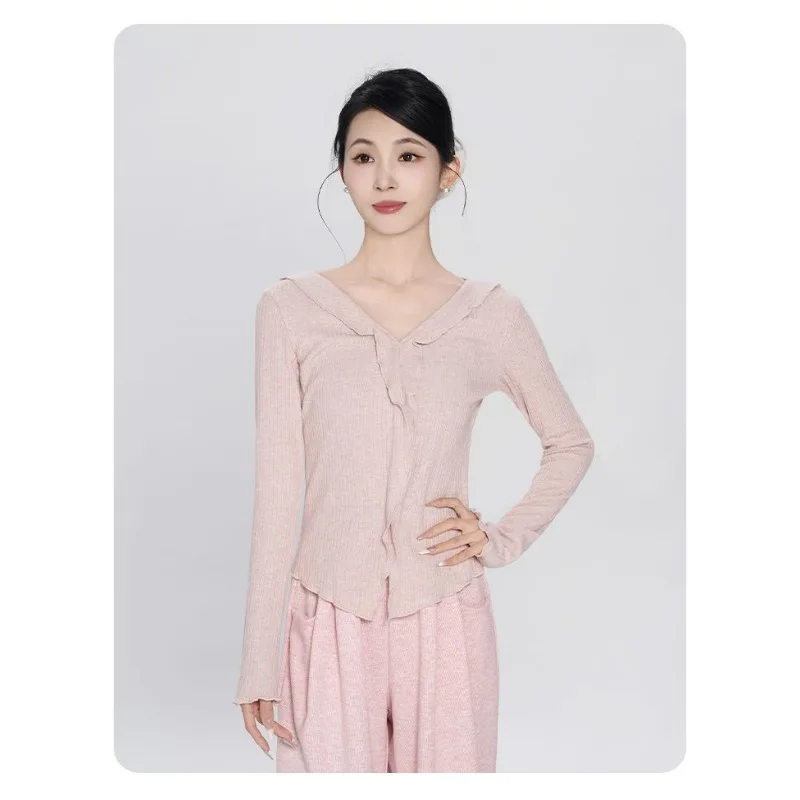 Women Ruffle V Neck Ribbed Knit Dance Top Long Sleeve Slim Modern Classical Dance Practice Clothes Autumn Winter