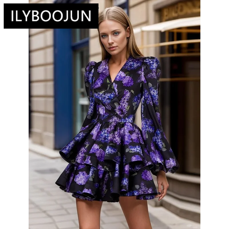 

Hit Color Printing Mini Dresses For Women V Neck Long Sleeve Temperament Slimming Dress Female Luxury Brand