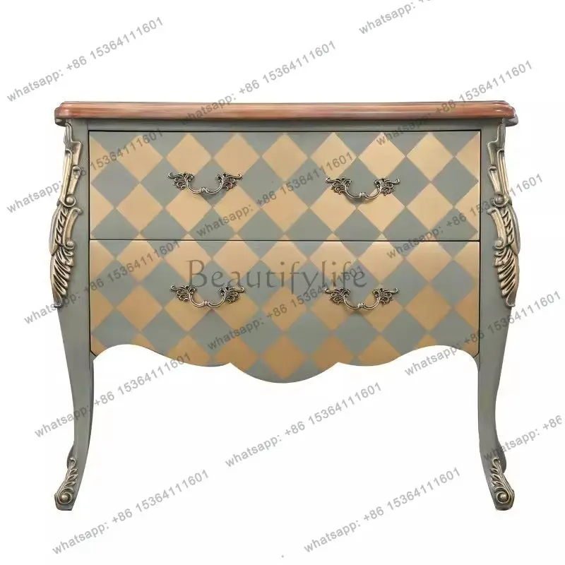 

French solid wood chest European retro porch engraving storage cabinet small apartment