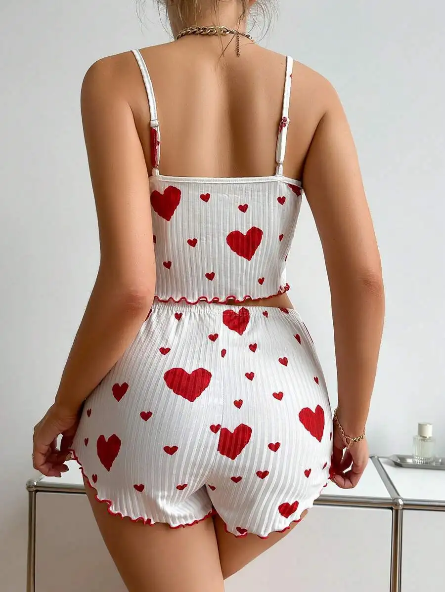 Damen-Pyjama-Set, Nachtwäsche, 2-teilig, kurze Tanktops und Shorts, S, M, L, weiß, belüftet, weich, lässig, Liebesdruck – Detail 7