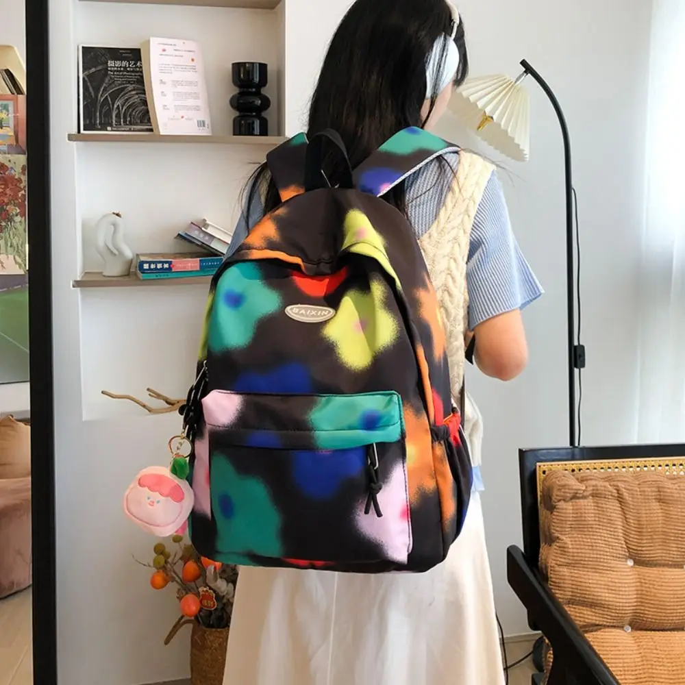 Large Capacity Flower Backpack Korean Style with Pendant Tie-dye Shoulder Bag Creative Graffiti Colorfu Floal School Bag Outdoor