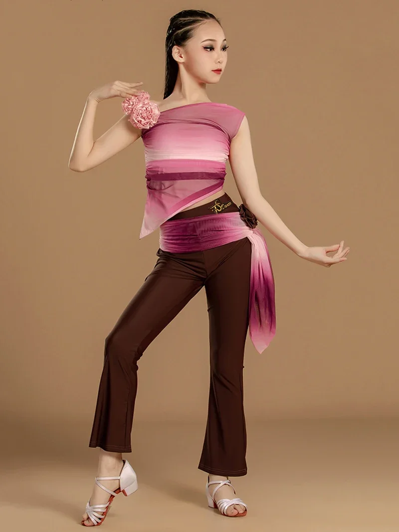 Children Latin Dance Gradient Sleeveless Top and Pants Trousers Girls Kids Competition Dancewear Ballroom Training Costume